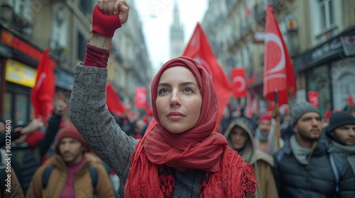 A woman in a headscarf raises her fist among the crowd, against an urban backdrop of buildings and church spires. Cloudy sky with opposition and resistance to tyranny against oppression concept, firm photo