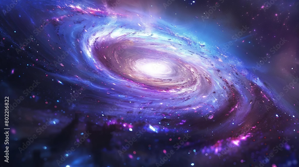 Craft a stunning, photorealistic digital illustration of a spiral galaxy, prominently displaying vibrant hues of blue, purple, and pink, with swirling nebulae and twinkling stars in high detail Craft a stunning, photorealistic digital illustration of a spiral galaxy, prominently displaying vibrant hues of blue, purple, and pink, with swirling nebulae and twinkling stars in high detail