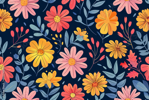 Flower and leaf layer illustration seamless repeat pattern.