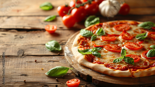 Composition with delicious pizza Margherita on wooden