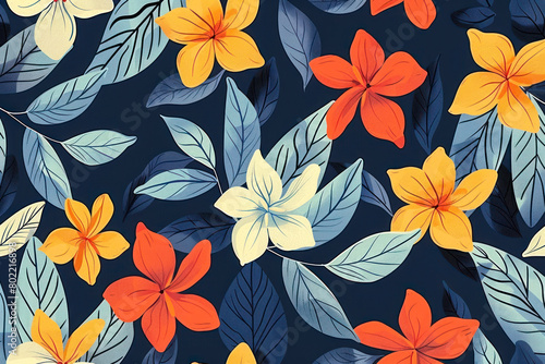 Flower and leaf layer illustration seamless repeat pattern.