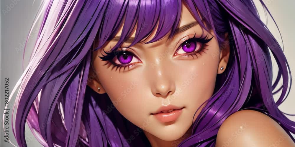 Close-up portrait of nice anime girl with purple hair and eyes, smiling winking at camera Close-up portrait of nice anime girl with purple hair and eyes, smiling winking at camera