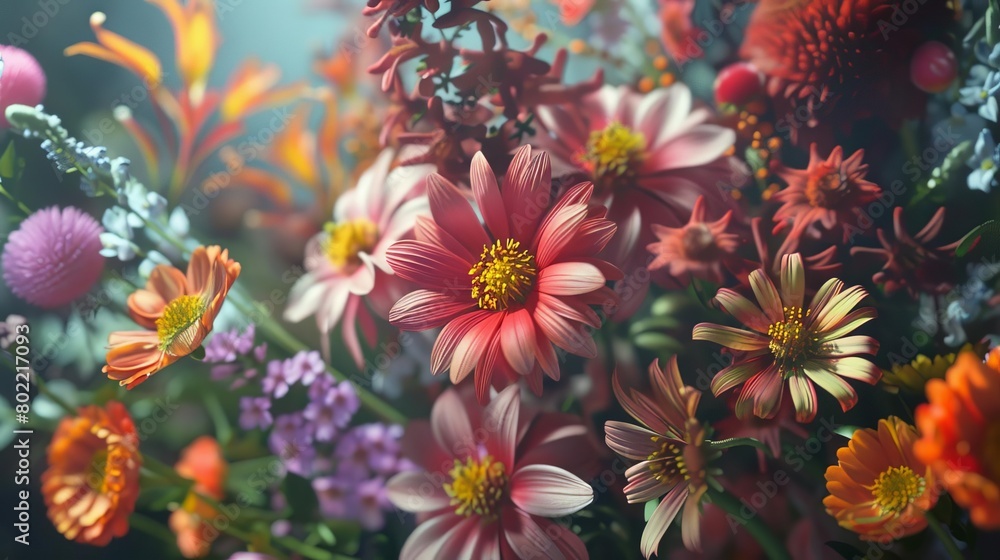 Craft a stunning, photorealistic 3D rendering of a bouquet at a skewed perspective, highlighting the unique textures and colors of each flower with precision Craft a stunning, photorealistic 3D rendering of a bouquet at a skewed perspective, highlighting the unique textures and colors of each flower with precision