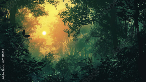 Develop a mystical forest scene with the sunset gradient filtering through the dense foliage.
