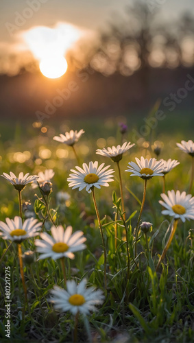 A beautiful spring sunset illuminates a meadow, highlighting a delicate daisy in bloom.