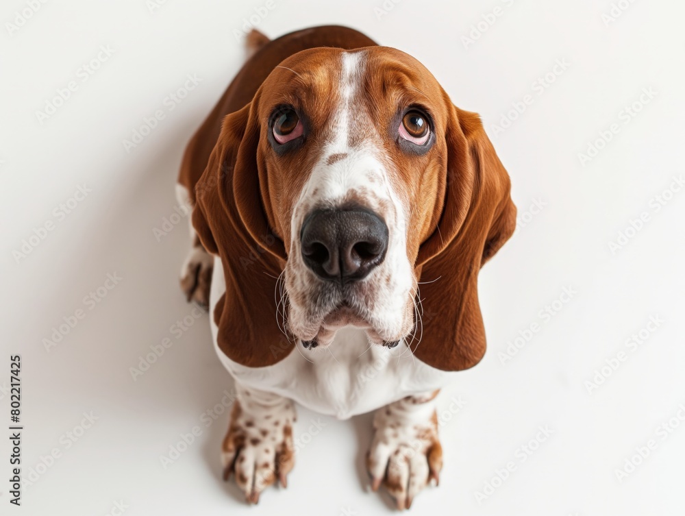 A sweet Basset Hound with droopy ears and soulful eyes gazing upwards on a white background.