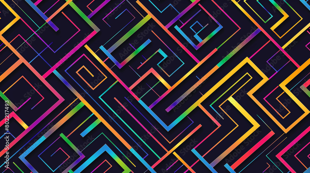 Black background with colorful lines in the shape of isometric squares, arranged horizontally and vertically to form a maze pattern. Black background with colorful lines in the shape of isometric squares, arranged horizontally and vertically to form a maze pattern.