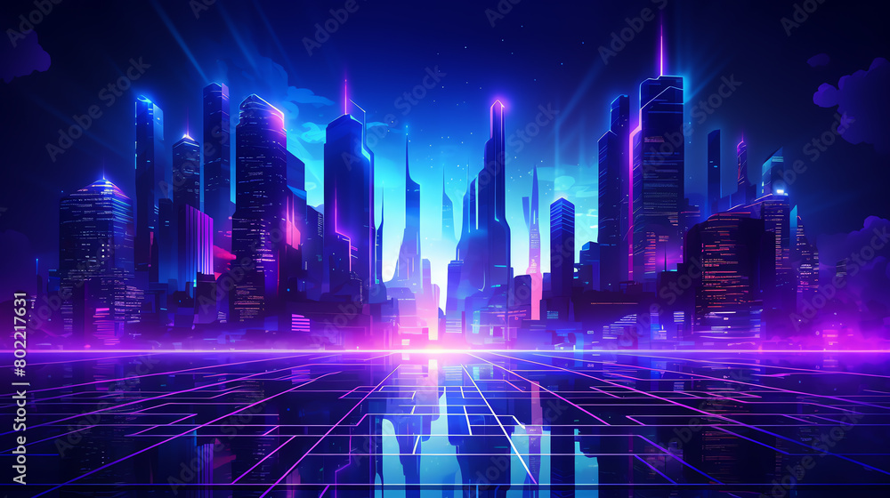 Abstract digital city vector illustration, neon lights and futuristic architecture, spacethemed hightech background for banners