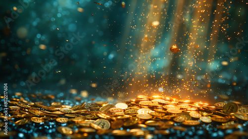 A hoard of gold coins with a bright light shining on them. photo