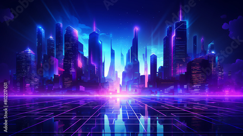 Abstract digital city vector illustration, neon lights and futuristic architecture, spacethemed hightech background for banners © Porawit