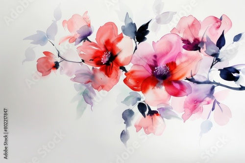 Vibrant Watercolor Painting of Red and Pink Flowers Blossoming on a Clean White Background