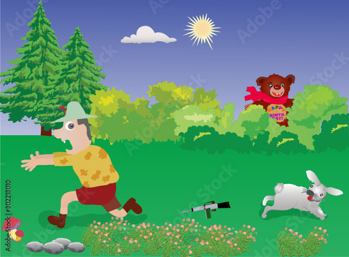 Comic vector illustration of a hunter in the forest who runs away when he sees a teddy bear.