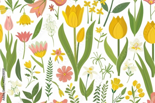 Seamless floral pattern with vibrant yellow and pink tulips and other flowers on a white background  perfect for spring designs