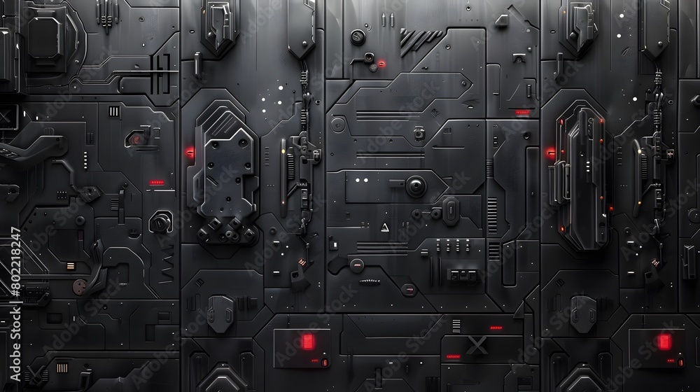 Dark grey sci-fi wall texture, with rectangular panels and different shapes of futuristic technology elements, in the style of sci-fi game concept art Dark grey sci-fi wall texture, with rectangular panels and different shapes of futuristic technology elements, in the style of sci-fi game concept art