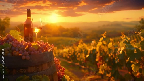 Wine setup in vineyard at sunset, glasses and bottle on barrel, serene and inviting photo