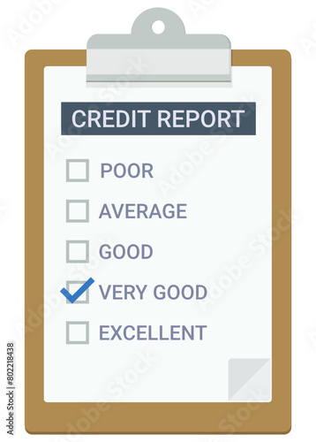 Clipboard with a page of a credit report with check box checked on very good in a flat design style (cut out)