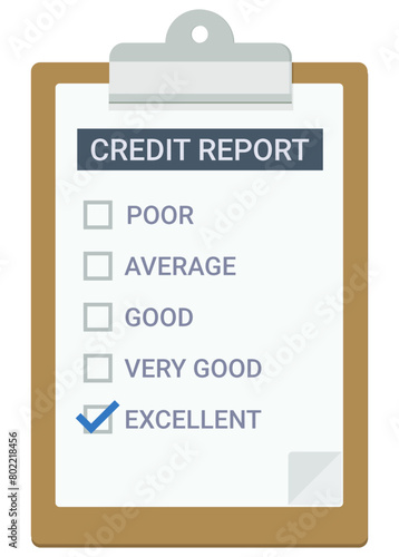 Clipboard with a page of a credit report with check box checked on excellent in a flat design style (cut out)