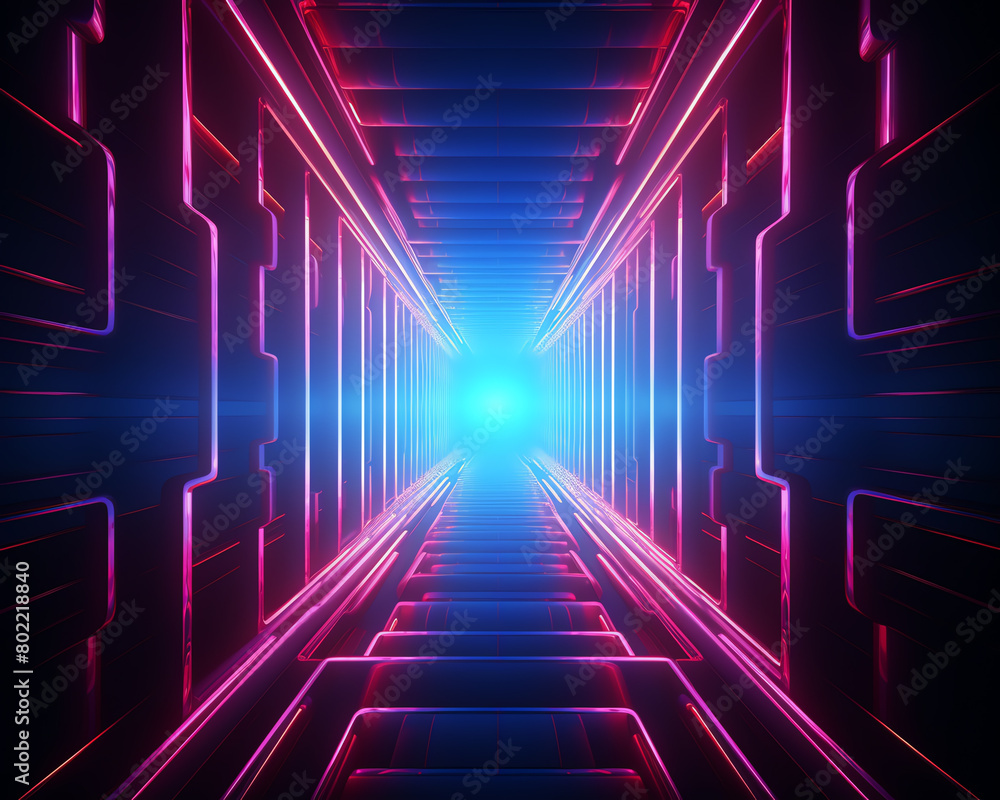 Fototapeta premium Futuristic 3D tunnel vision in neon blues and pinks, abstract digital design with focused copy space