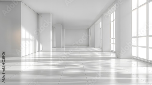 3D rendering of an empty room with white walls and a wooden floor. There is a window on the right side   and sunlight is coming in through it. 