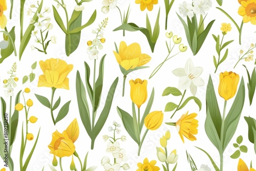 Seamless Yellow Flower and Daffodil Pattern on White Background for Floral Design and Decoration Concept