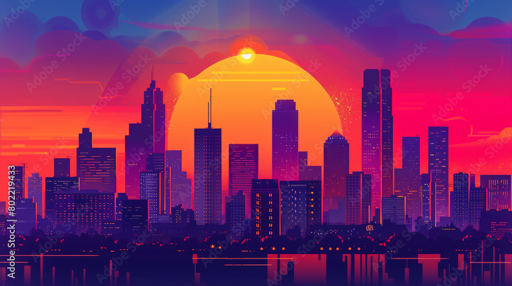 Develop a dynamic city skyline illustration with bold outlines against the vibrant sunset gradient.