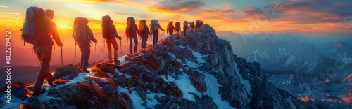 Panoramic view of people holding hands and helping each other to reach the top of the mountain in spectacular mountain sunset landscape, team of people forming ladder shape overcome obstacles together photo