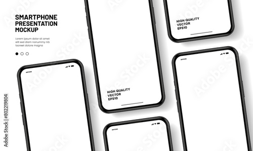 Realistic smartphone mockup. Mobile phone vector with isolated on white background. Device front view. 3D mobile phone with shadow. Realistic, high quality smart phone mockup for ui ux presentation.