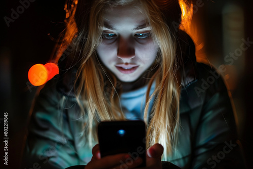 Teen on a smartphone in bed during nighttime