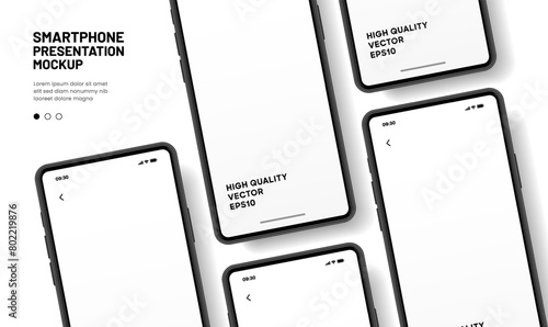 Realistic smartphone mockup. Mobile phone vector with isolated on white background. Device front view. 3D mobile phone with shadow. Realistic, high quality smart phone mockup for ui ux presentation.