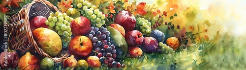 Craft a traditional watercolor painting showcasing a whimsical birds-eye view of an overflowing cornucopia of assorted fresh fruit spilling out of a wicker basket onto a sun-dappled grassy meadow Emph photo