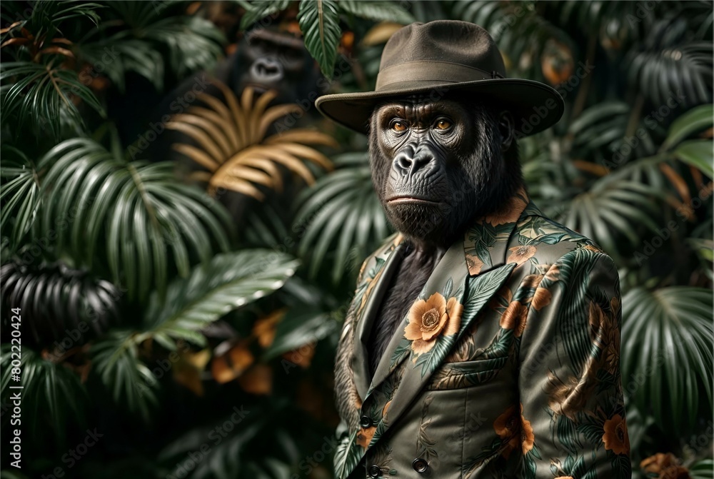 Creative animal concept. Gorilla in luxury lush coat outfits isolated on natural floral wildlife foliage leafy green forest nature habitat background. advertisement, copy text space 