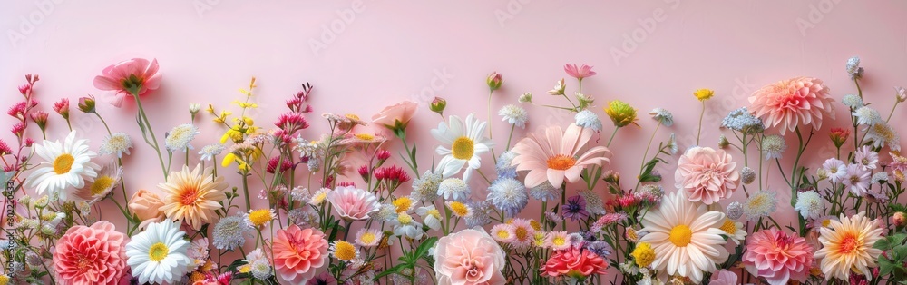 Festive Spring Floral Composition with Colorful Fresh Flowers on Pastel Background - Perfect for Greeting Cards and Invitations