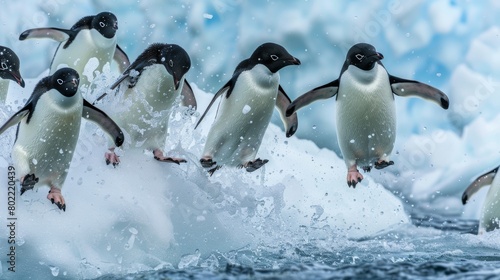 Adelie penguin jumping on ice floes photo