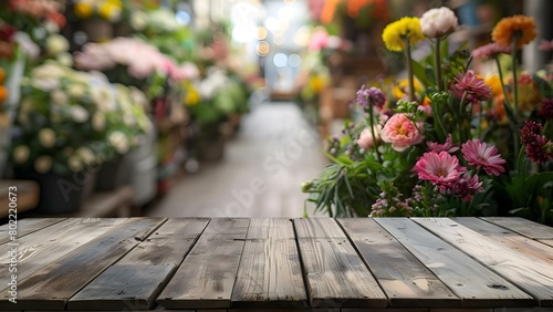 Product Display  Wooden Table in Front of Blurred Flower Shop. Concept Product Display  Wooden Table  Blurred Flower Shop