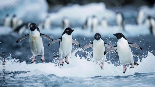 Adelie penguin jumping on ice floes photo