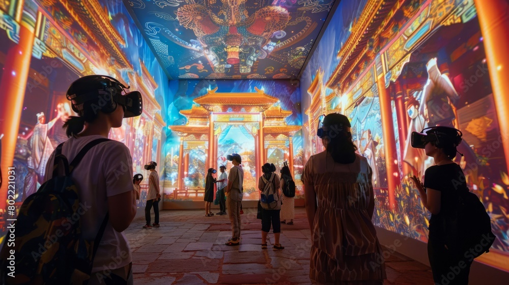 Several individuals are gathered in front of an artwork, observing and discussing its details and meaning. Several individuals are gathered in front of an artwork, observing and discussing its details and meaning.