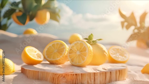 Wooden podium on beach sand, circled by lemons, tailormade for summer themed ads photo