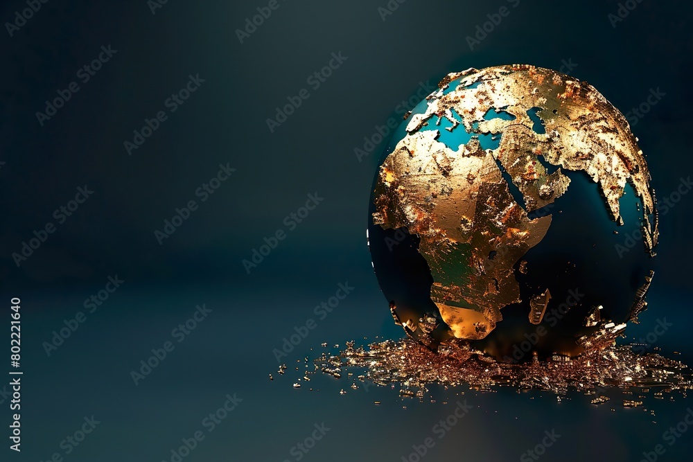 Earth Globe Made from Solid Gold, Amid Dark Blue and Orange Palette with Broken Pieces and Golden Sand Scattered Around Earth Globe Made from Solid Gold, Amid Dark Blue and Orange Palette with Broken Pieces and Golden Sand Scattered Around