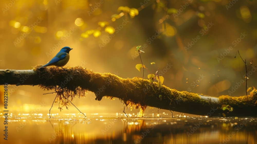 Natural background and a small blue bird perched on a branch. Natural background and a small blue bird perched on a branch.