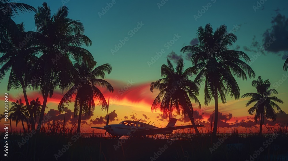 Warm twilight sky with a gradient of colors behind the dark outline of swaying palms and a small aircraft.