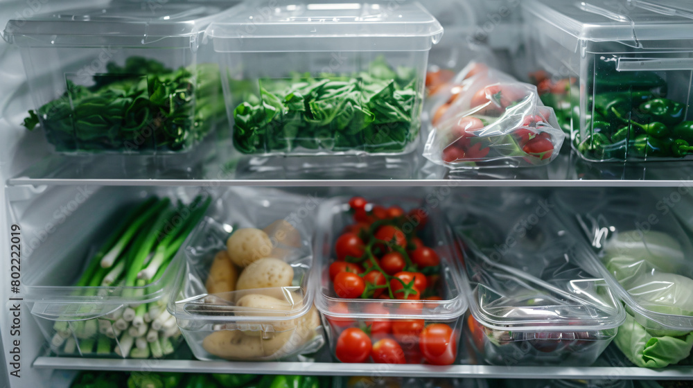 Containers and plastic bags with vegetables 