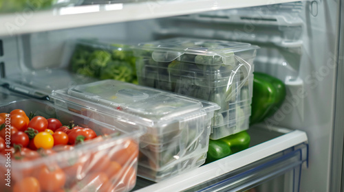 Containers and plastic bags with vegetables 