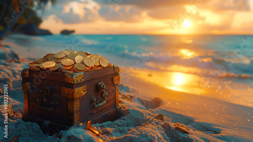A wooden chest filled with gold coins on a beach at sunset. photo