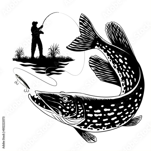 Fisherman Catching Pike Fish Vintage T-Shirt Illustration (ID: 802222073)