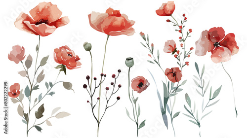 Vector Watercolor Floral Clipart Wild Red Flowers Minimalist