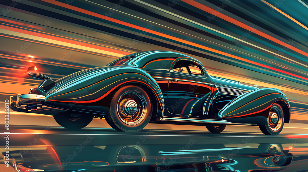 An illustration of a vintage car driving on a road with a beautiful sunset in the background.