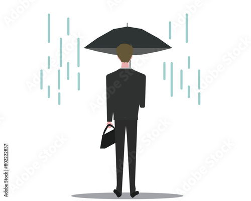 雨の中傘を差すビジネスマンの男性。後ろ姿のビジネスマン。ベクターイラスト