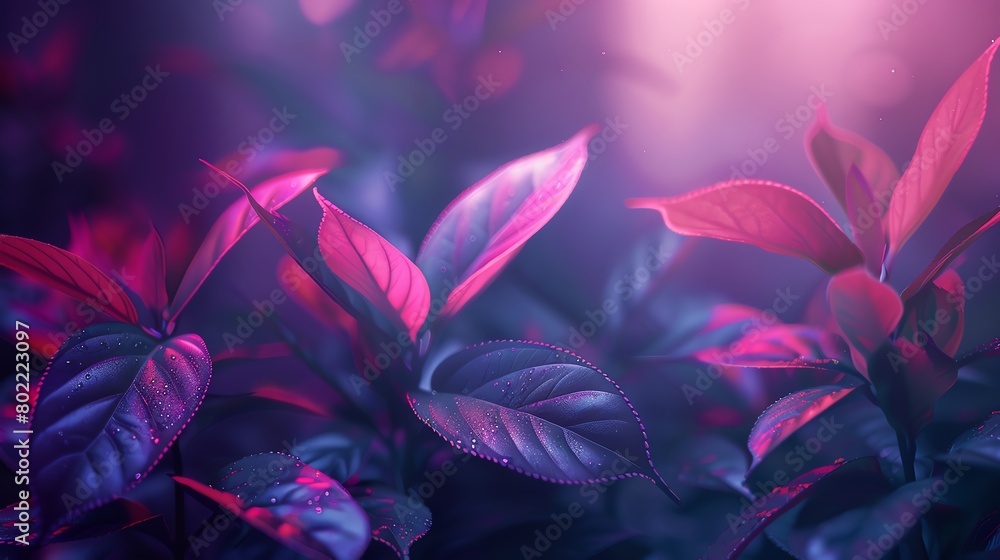 Vibrant plants under pink LED lights, deep purple background