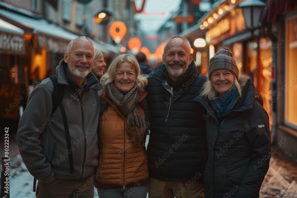 Group of senior people in winter clothes on the street of old town Group of senior people in winter clothes on the street of old town