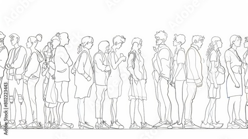 Diverse Group of People Continuous Line Drawing Illustration - United Family and Friends Standing Together in Solidarity, Artwork Symbolizing Community Connection and Multicultural Society Unity.